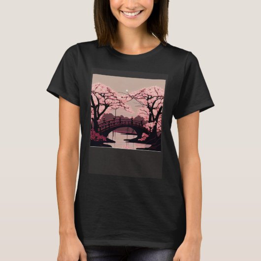 Cherry Blossom River and Bridge Artwork Stunning G T-shirt (Voorkant)