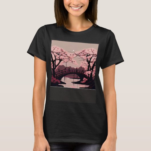 Cherry Blossom River en Bridge Artwork Stunning G T-shirt (Voorkant)