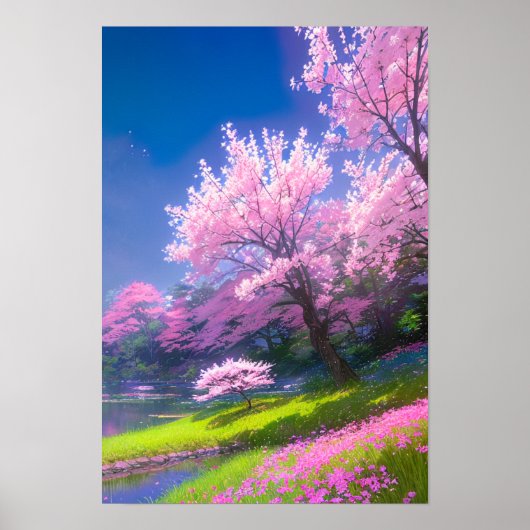 Cherry Blossom Riverbank Poster (Voorkant)
