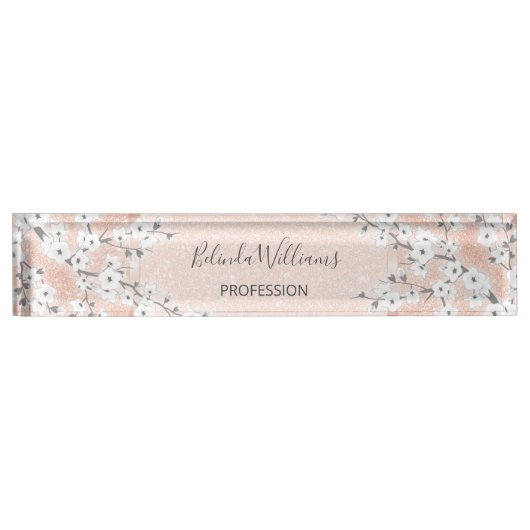Cherry Blossom Roos Gold Blush Glitter Naambordje (Voorkant)