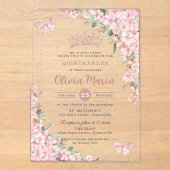 Cherry Blossom Roos Gold Butterflies Quinceañera Acryl Uitnodigingen (Voorkant)