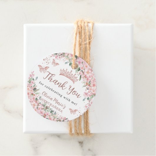 Cherry Blossom Roos Gold Butterflies Quinceañera Bedankjes Labels (In situ)