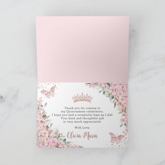 Cherry Blossom Roos Gold Butterflies Quinceañera Bedankkaart (Binnen)