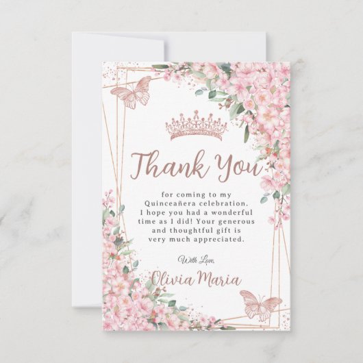 Cherry Blossom Roos Gold Butterflies Quinceañera Bedankkaart (Voorkant)