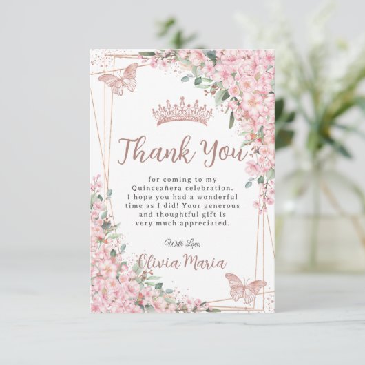 Cherry Blossom Roos Gold Butterflies Quinceañera Bedankkaart (Staand voorkant)