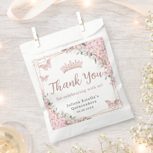 Cherry Blossom Roos Gold Butterflies Quinceanera Bedankzakje (Geknipt)
