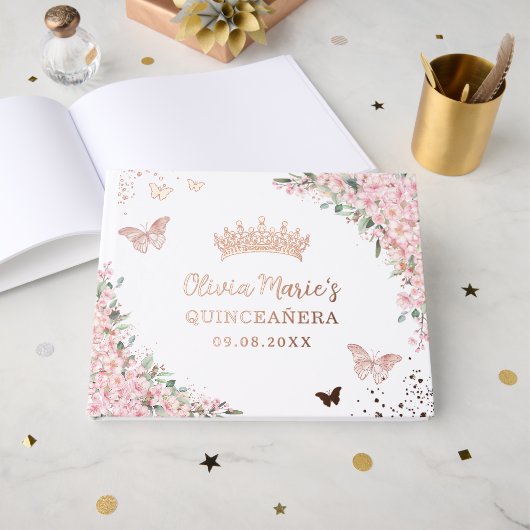 Cherry Blossom Roos Gold Butterflies Quinceanera Gastenboek (Voorkant open)