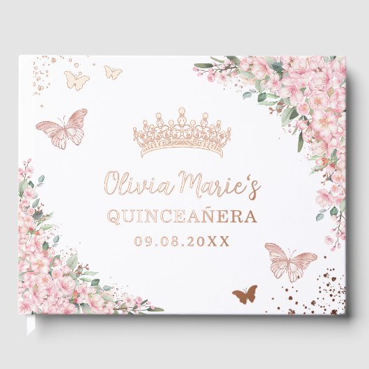 Cherry Blossom Roos Gold Butterflies Quinceanera Gastenboek (Voorkant)