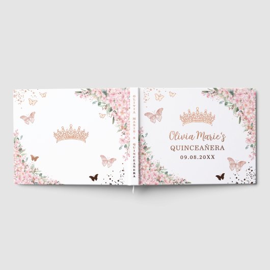Cherry Blossom Roos Gold Butterflies Quinceanera Gastenboek (Volledig)