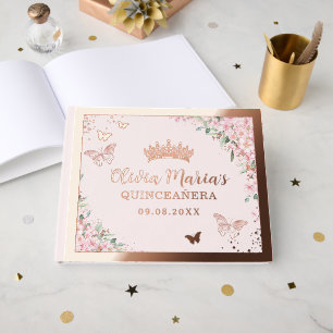 Cherry Blossom Roos Gold Butterflies Quinceañera Gastenboek