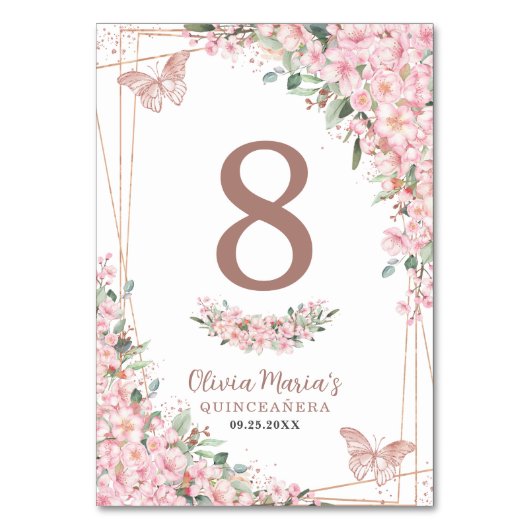 Cherry Blossom Roos Gold Butterflies Quinceañera Kaart (Voorkant)