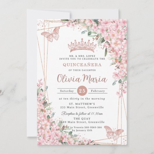 Cherry Blossom Roos Gold Butterflies Quinceañera Kaart (Voorkant)