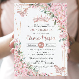 Cherry Blossom Roos Gold Butterflies Quinceañera Kaart
