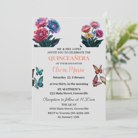 Cherry Blossom Roos Gold Butterflies Quinceañera Kaart (Staand voorkant)