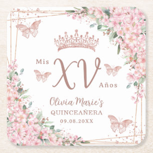 Cherry Blossom Roos Gold Butterflies Quinceanera Kartonnen Onderzetters