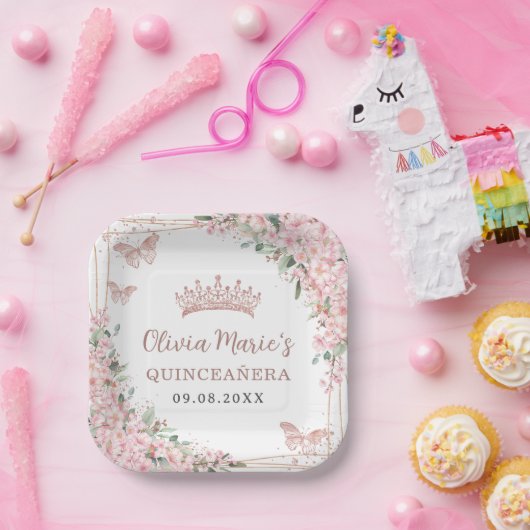 Cherry Blossom Roos Gold Butterflies Quinceanera Papieren Bordje (Feest)
