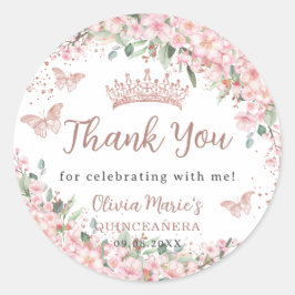 Cherry Blossom Roos Gold Butterflies Quinceañera Ronde Sticker