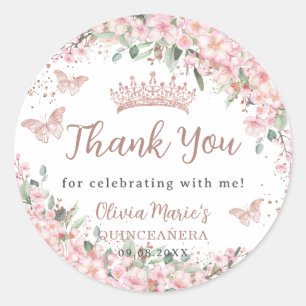 Cherry Blossom Roos Gold Butterflies Quinceañera Ronde Sticker