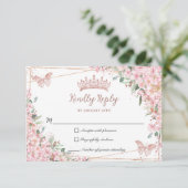 Cherry Blossom Roos Gold Butterflies Quinceañera RSVP Kaartje (Staand voorkant)