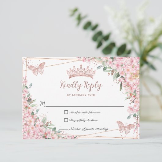 Cherry Blossom Roos Gold Butterflies Quinceañera RSVP Kaartje (Staand voorkant)