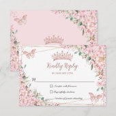 Cherry Blossom Roos Gold Butterflies Quinceañera RSVP Kaartje (Voorkant / Achterkant)