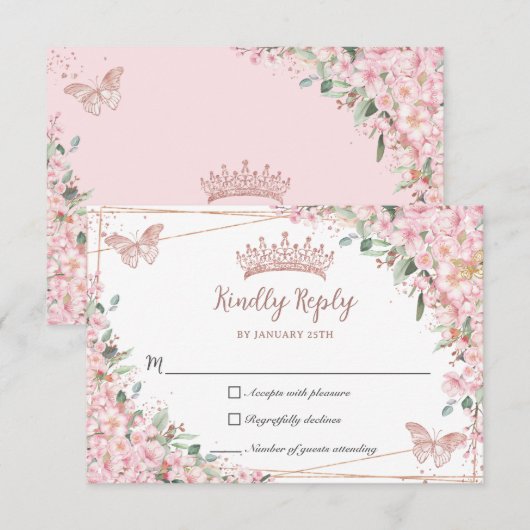 Cherry Blossom Roos Gold Butterflies Quinceañera RSVP Kaartje (Voorkant / Achterkant)