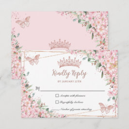 Cherry Blossom Roos Gold Butterflies Quinceañera RSVP Kaartje