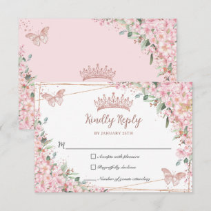 Cherry Blossom Roos Gold Butterflies Quinceañera RSVP Kaartje