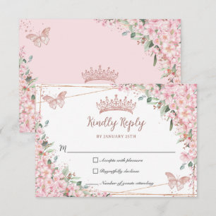 Cherry Blossom Roos Gold Butterflies Quinceañera RSVP Kaartje