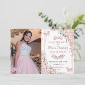 Cherry Blossom Roos Gold Butterflies Quinceañera Save The Date (Staand voorkant)