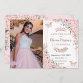 Cherry Blossom Roos Gold Butterflies Quinceañera Save The Date (Voorkant / Achterkant)