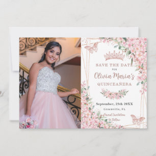 Cherry Blossom Roos Gold Butterflies Quinceañera Save The Date