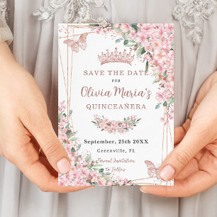 Cherry Blossom Roos Gold Butterflies Quinceañera Save The Date