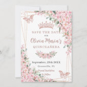Cherry Blossom Roos Gold Butterflies Quinceañera Save The Date (Voorkant)