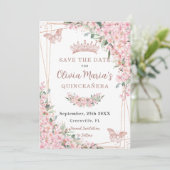 Cherry Blossom Roos Gold Butterflies Quinceañera Save The Date (Staand voorkant)