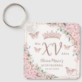 Cherry Blossom Roos Gold Butterflies Quinceanera Sleutelhanger (Voorkant)