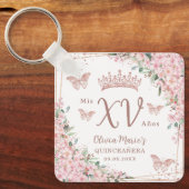 Cherry Blossom Roos Gold Butterflies Quinceanera Sleutelhanger (Voorkant)