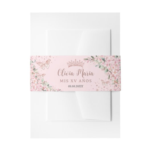 Cherry Blossom Roos Gold Butterflies Quinceanera Uitnodigingen Wikkel (Voorkant Voorbeeld)