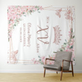 Cherry Blossom Roos Gold Butterflies Quinceañera Wandkleed (In Situ (horizontaal))