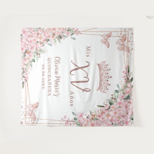Cherry Blossom Roos Gold Butterflies Quinceañera Wandkleed (Voorkant (horizontaal))