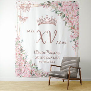 Cherry Blossom Roos Gold Butterflies Quinceañera Wandkleed