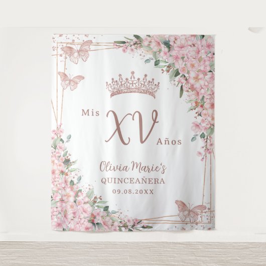 Cherry Blossom Roos Gold Butterflies Quinceañera Wandkleed (Voorkant)