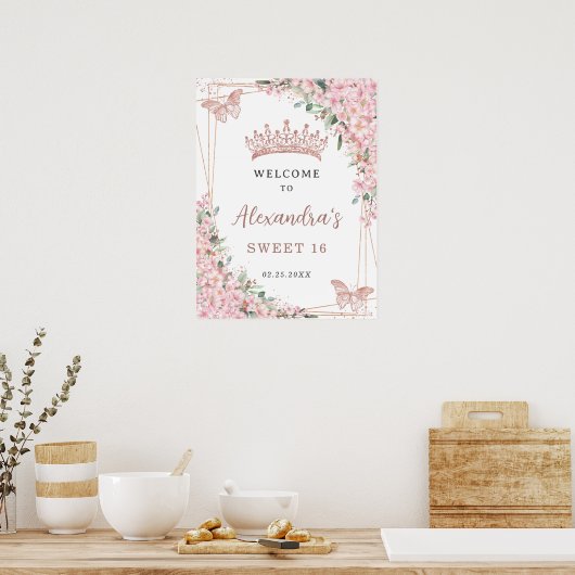 Cherry Blossom Roos Gold Butterflies Sweet 16 Poster (Keuken)