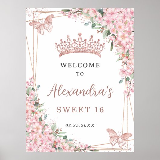 Cherry Blossom Roos Gold Butterflies Sweet 16 Poster (Voorkant)