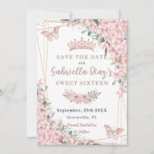 Cherry Blossom Roos Gold Butterflies Sweet 16 Save The Date (Voorkant)