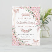 Cherry Blossom Roos Gold Butterflies Sweet 16 Save The Date (Staand voorkant)