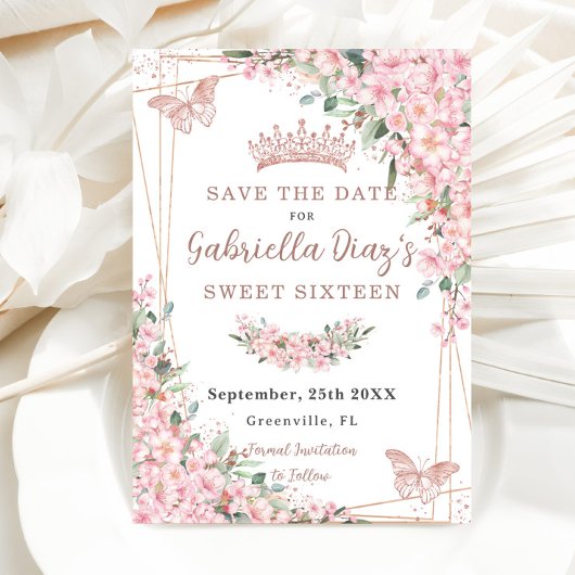 Cherry Blossom Roos Gold Butterflies Sweet 16 Save The Date