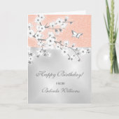 Cherry Blossom Roos Gold Glitter Silver Birthday Kaart (Voorkant)