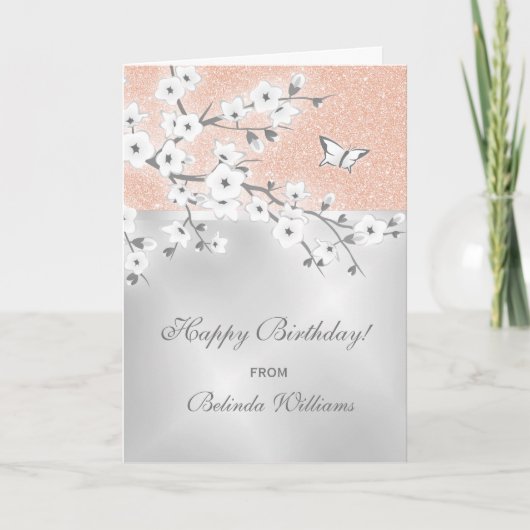 Cherry Blossom Roos Gold Glitter Silver Birthday Kaart (Voorkant)