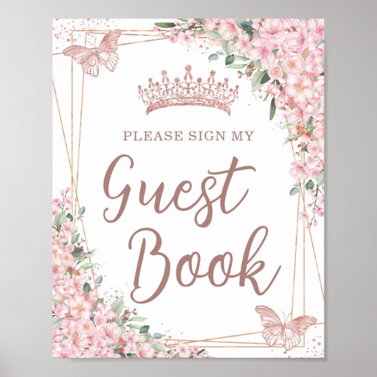 Cherry Blossom Roos Gold Quinceañera Guest Book Poster (Voorkant)
